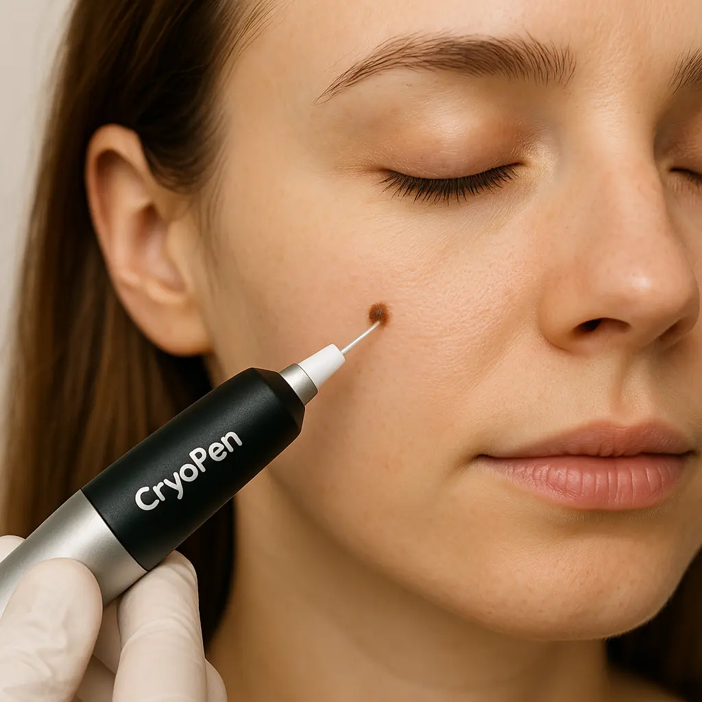 woman receiving facial mole removal Owsestry using cryopen